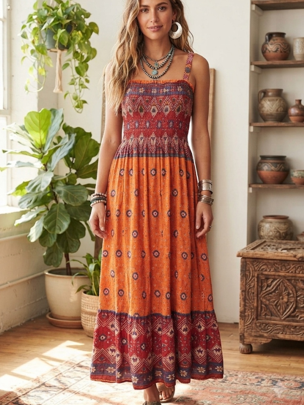 Speed Control New York Boho Floral Smocked Maxi Dress Orange M